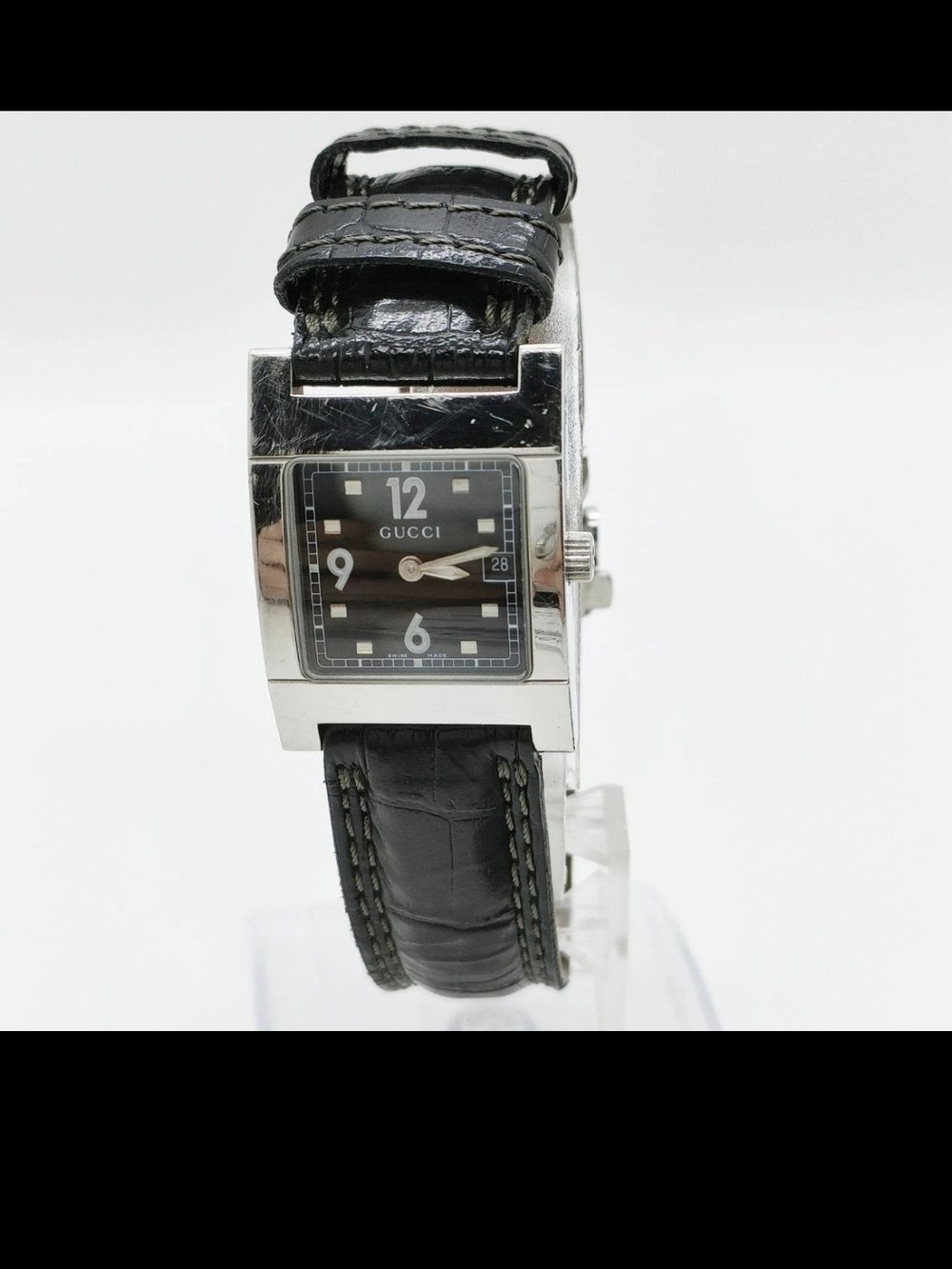 Gucci Black Leather Strap Stainless Steel Square Watch